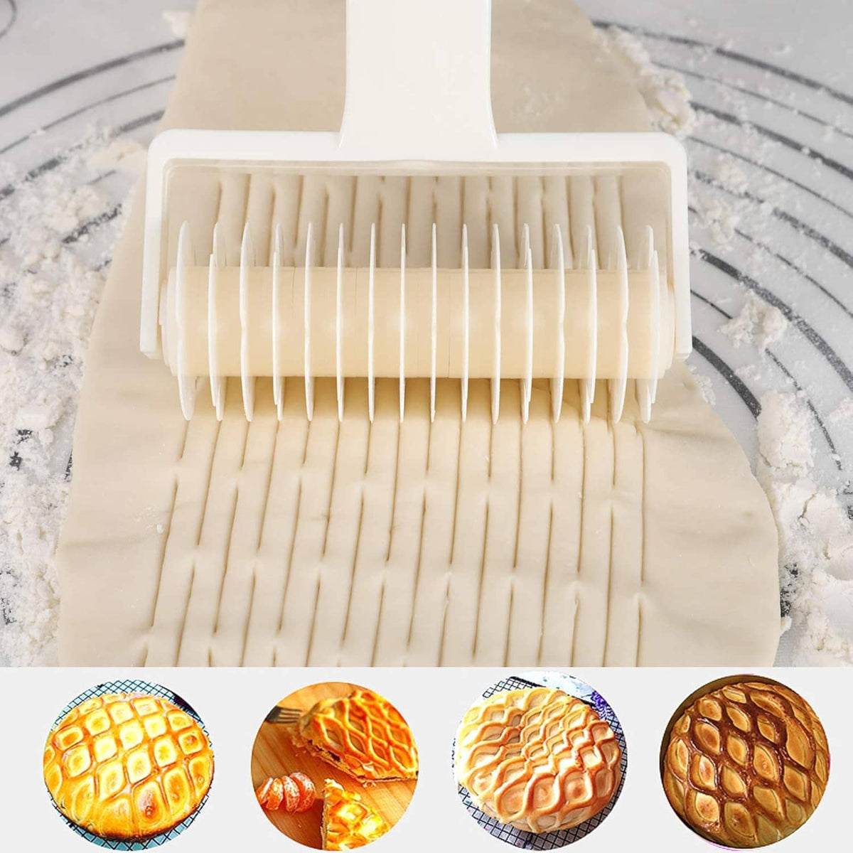 Lattice dough roller cutter pressing parallel lines into dough on a baking tray