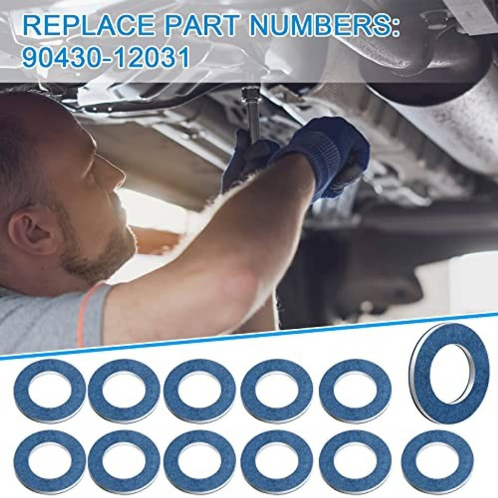 Crush washers laid out in rows with mechanic reaching under a vehicle