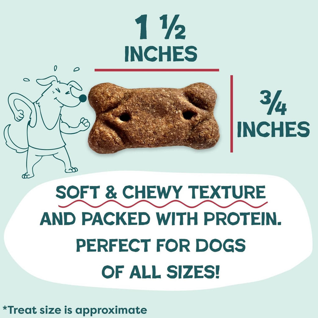 Brown beef dog treat bone with size markings: 1 1/2 inches by 3/4 inches