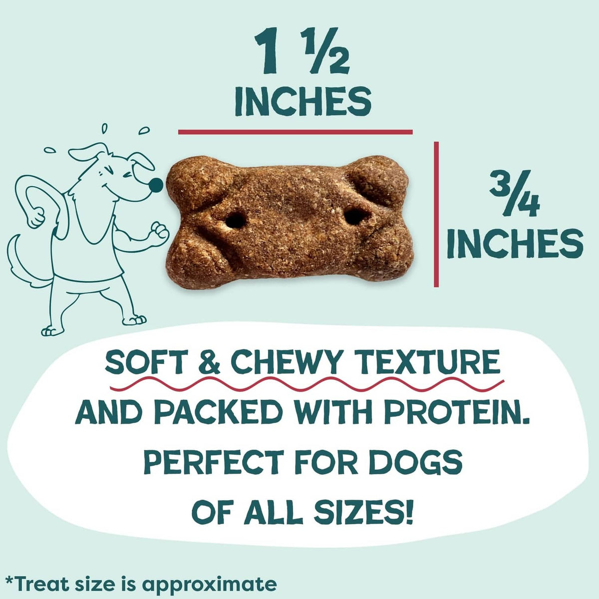 Brown beef dog treat bone with size markings: 1 1/2 inches by 3/4 inches
