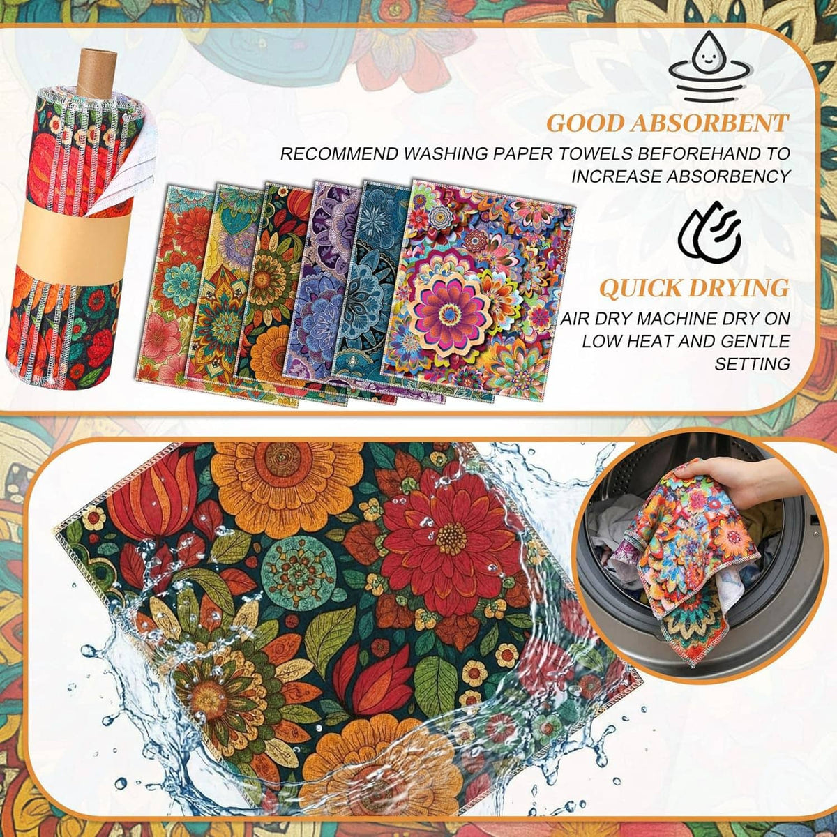 Reusable cloth towels with colorful floral patterns, shown with water splash and drying