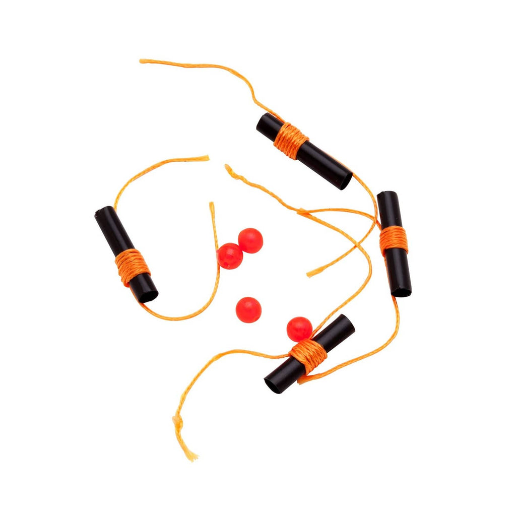 Fishing bobber stops with black clips and fluorescent orange cord, red beads