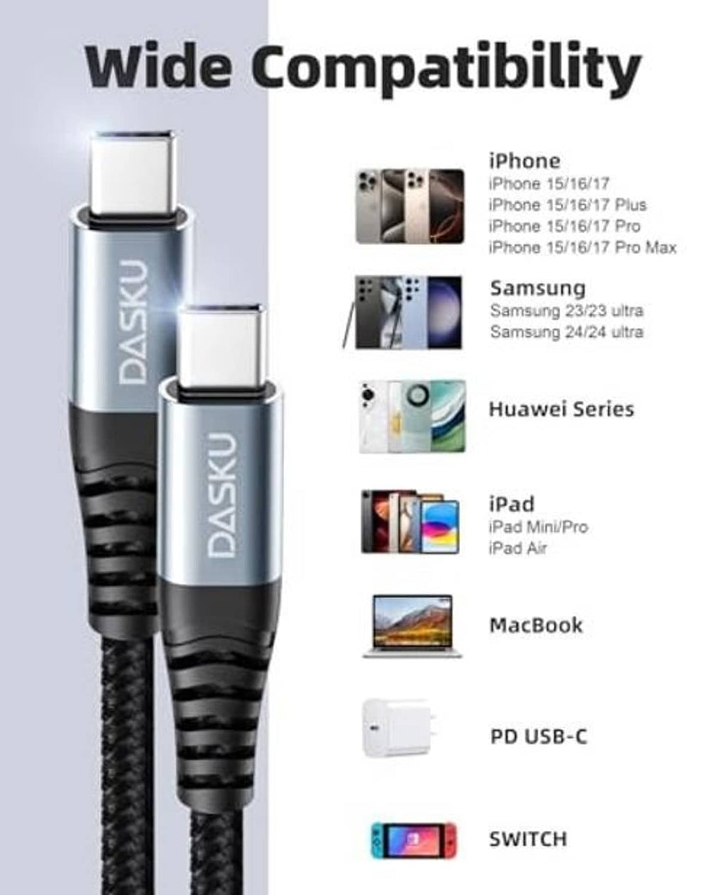 USB-C to USB-C cable with silver connectors and wide compatibility graphic