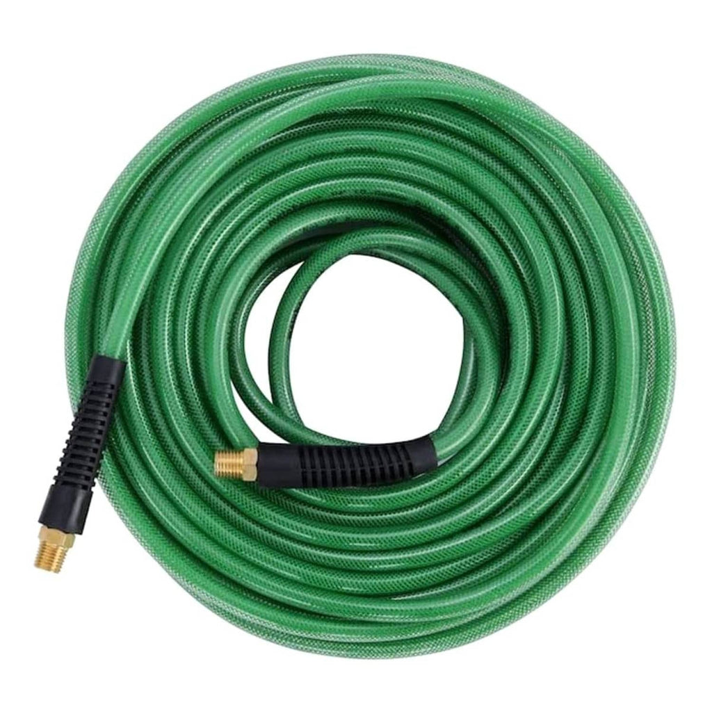 Coiled green polyurethane air hose with two black ends and brass fittings.