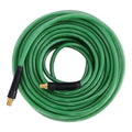 Coiled green polyurethane air hose with two black ends and brass fittings.