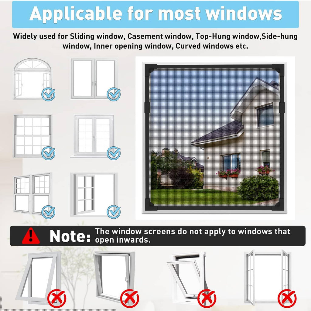 Magnetic window screen with black frame and mesh panel for most window types