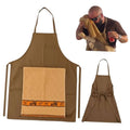 Brown apron with large square front pocket and beige panel with orange patterned trim