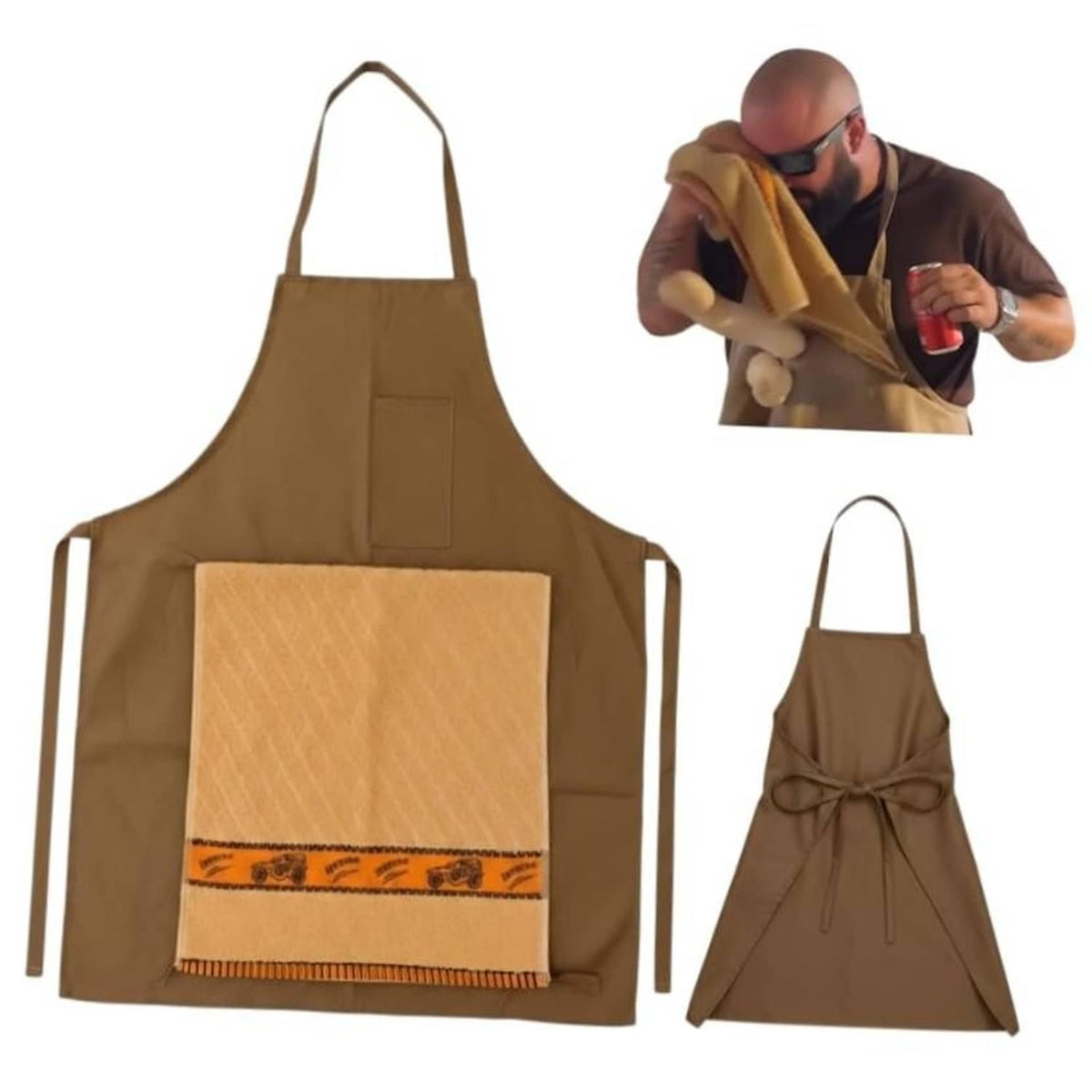 Brown apron with large square front pocket and beige panel with orange patterned trim