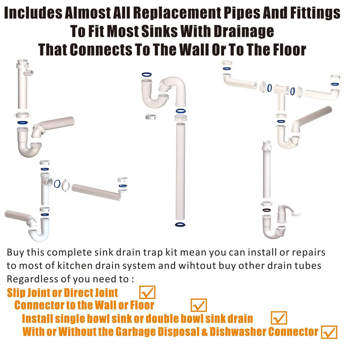 White sink drain trap kit contents with assorted pipes, elbows, and connectors