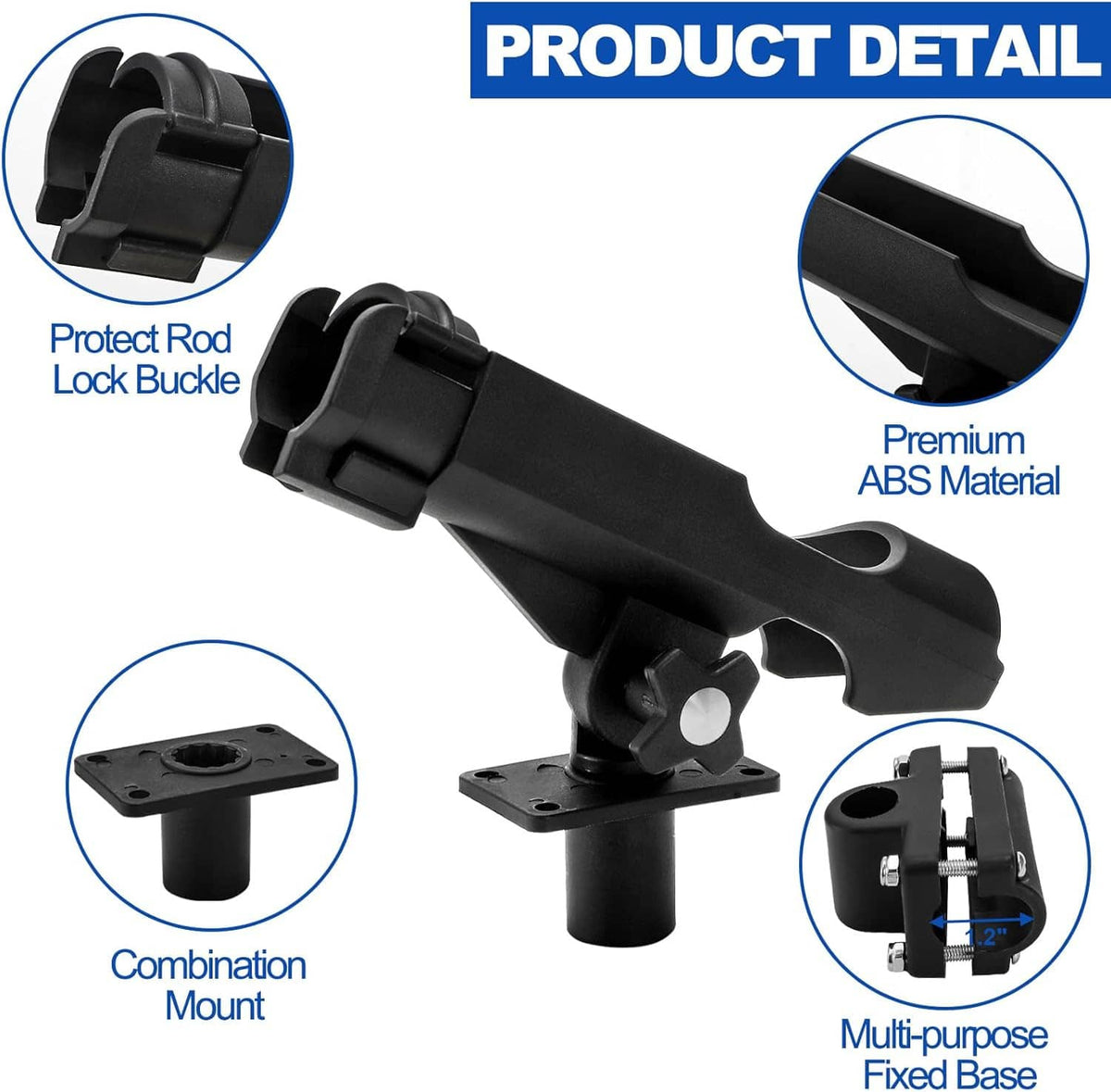 Black adjustable rod holder with combination mount base and rod-lock buckle detail
