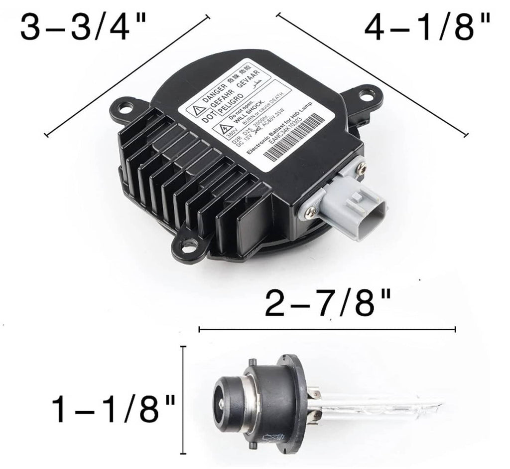 HID ballast control module with mounting holes, cable socket, and measurements