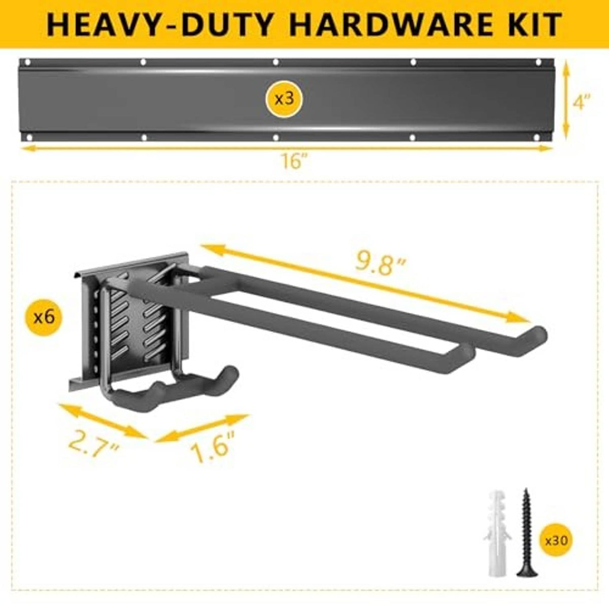 Wall-mount tool organizer hardware kit with hook arms, mounting bar, and screws included