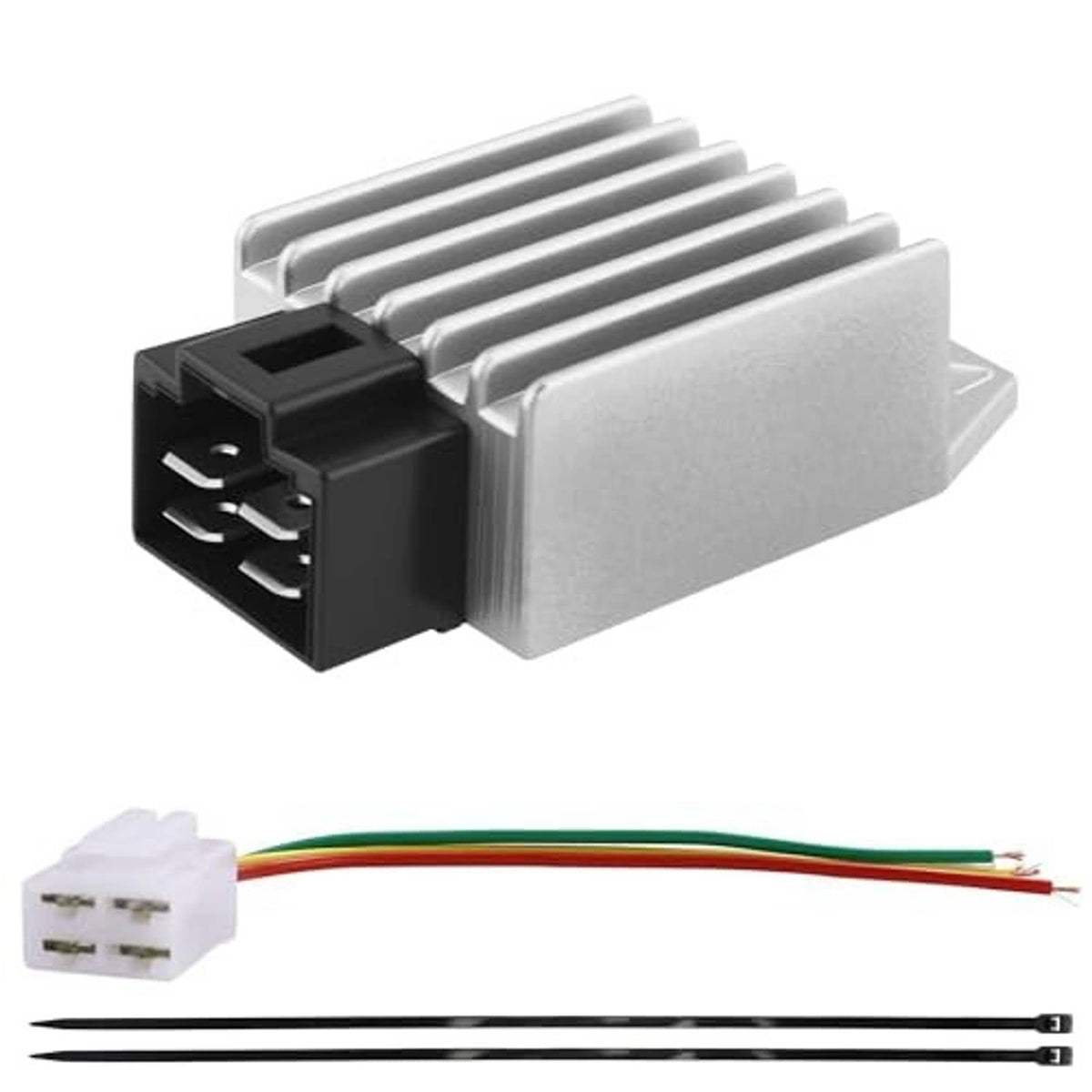 12V 4-pin voltage regulator rectifier with wire leads, white plug, and silver heatsink