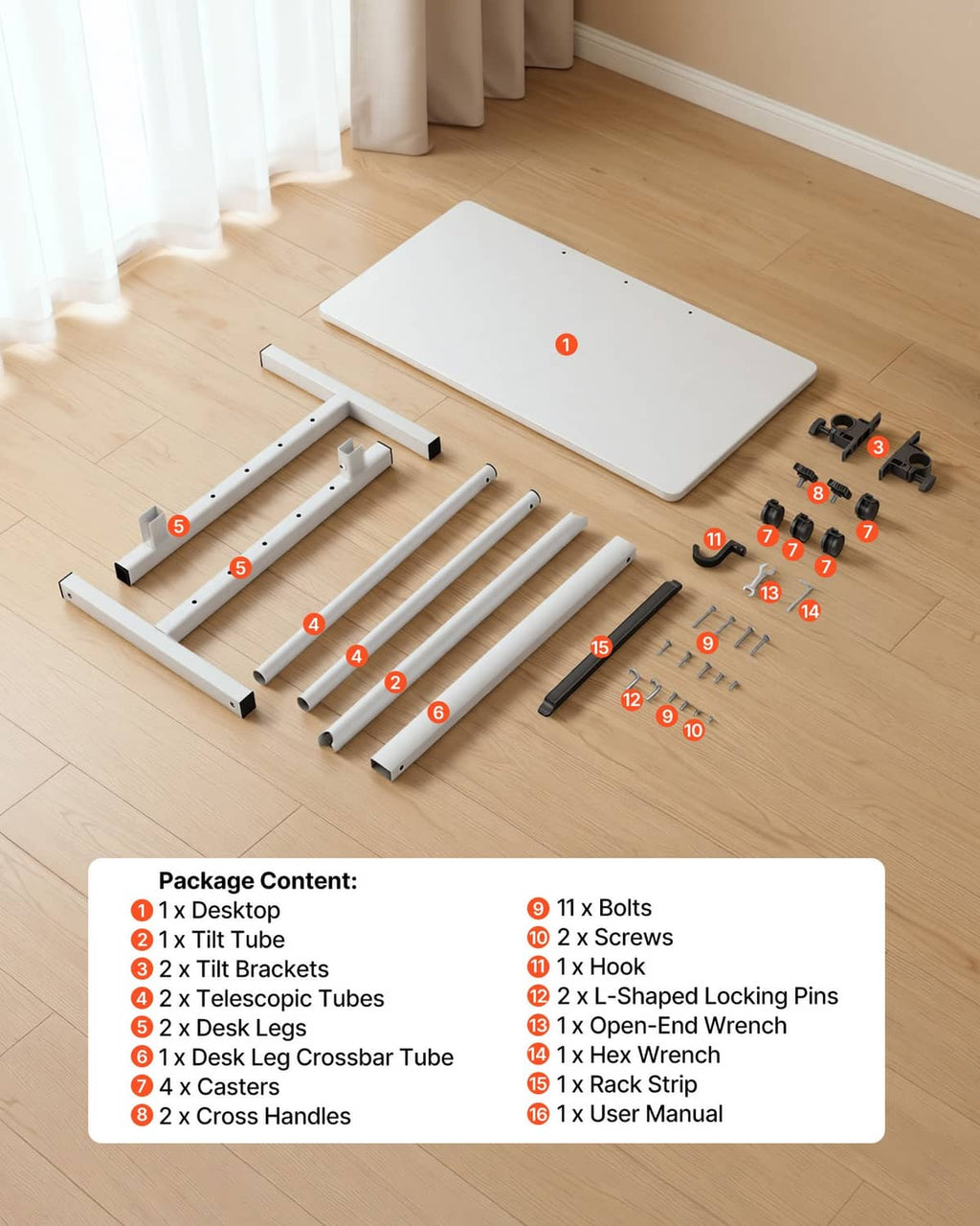 Adjustable standing desk parts layout with desktop frame tubes, casters, and hardware