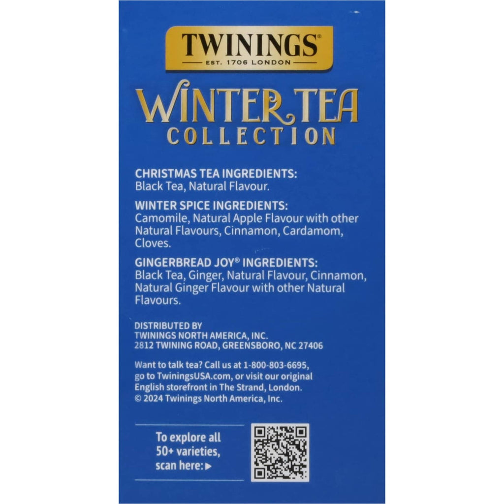 Twinings Winter Tea Collection box back with ingredient lists and a QR code