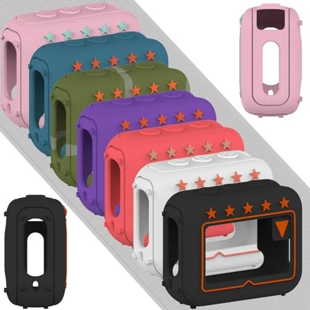 Silicone speaker cover case set for JBL Go 4, multiple colors with star panel and clip.