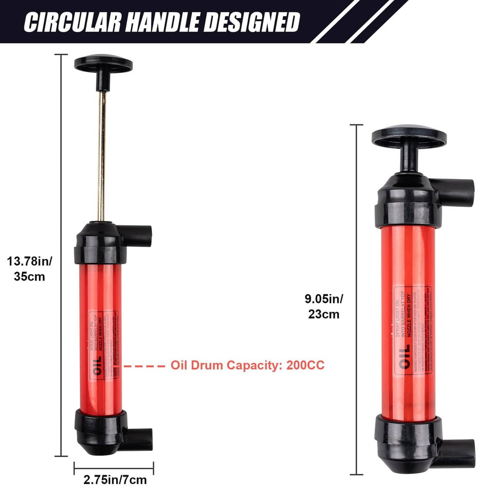 Hand siphon pump with red cylinder and circular handle, showing 200cc drum capacity