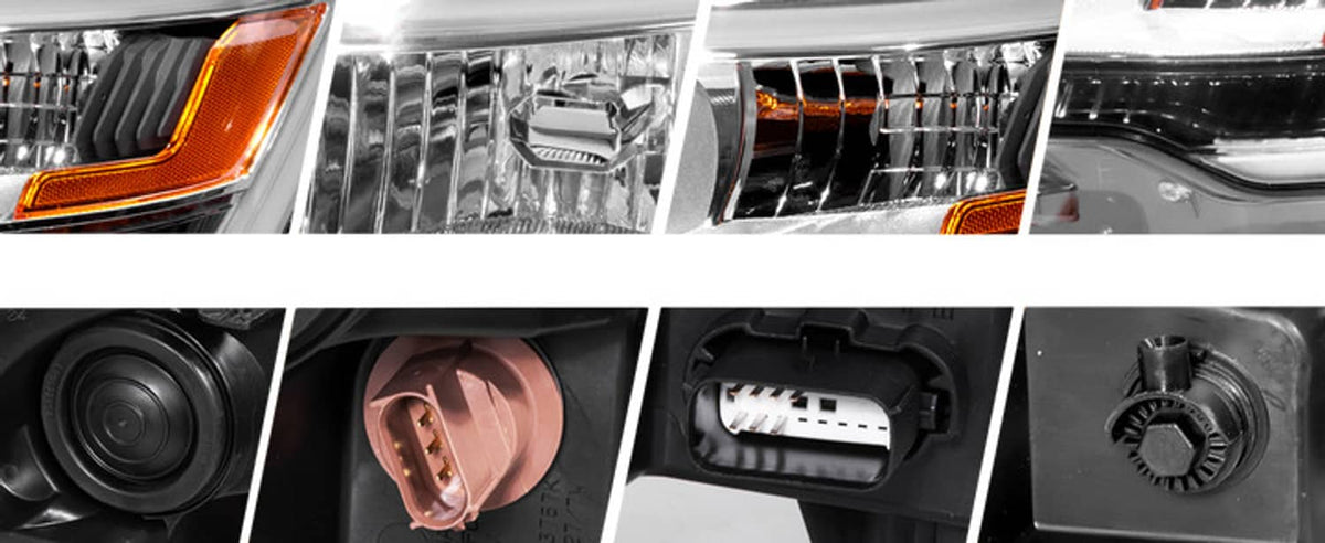 Pair LED DRL headlight assemblies close-up views of chrome reflectors and amber lens