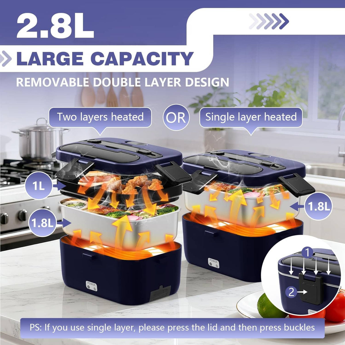 Blue double-layer electric lunch box showing two heated levels for 1L and 1.8L.