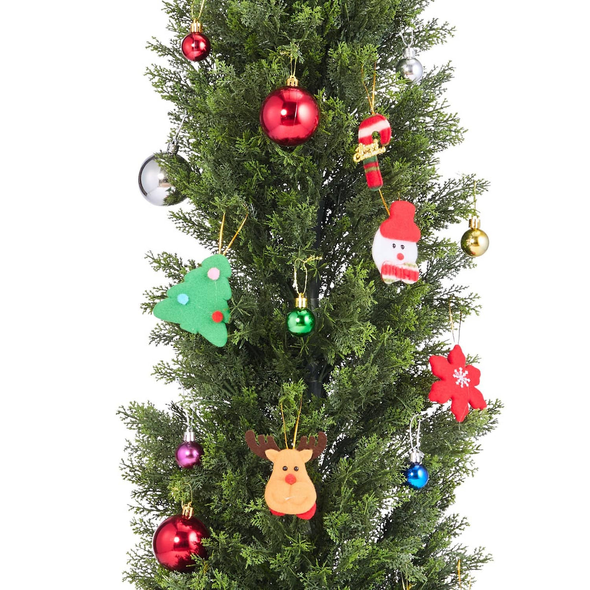 Artificial cedar tree with red, gold and character ornaments