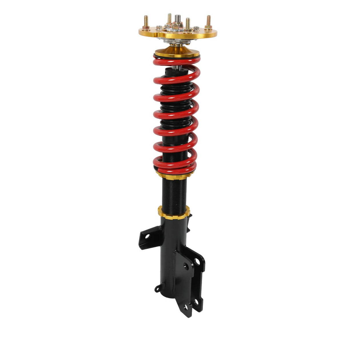 Coilover strut with black shock, red spring, gold top mount, and bracket