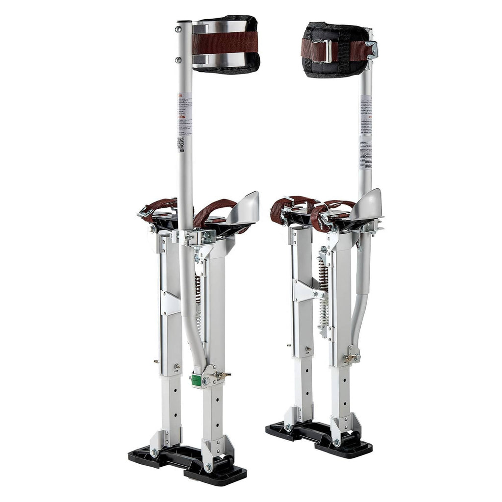 Pair of adjustable aluminum stilts with brown calf straps and black foot pads