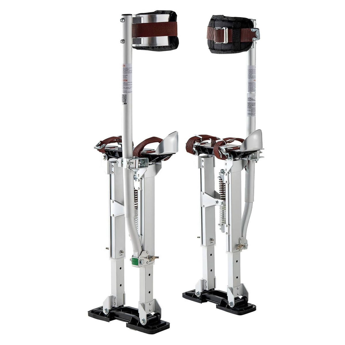Pair of adjustable aluminum stilts with brown calf straps and black foot pads