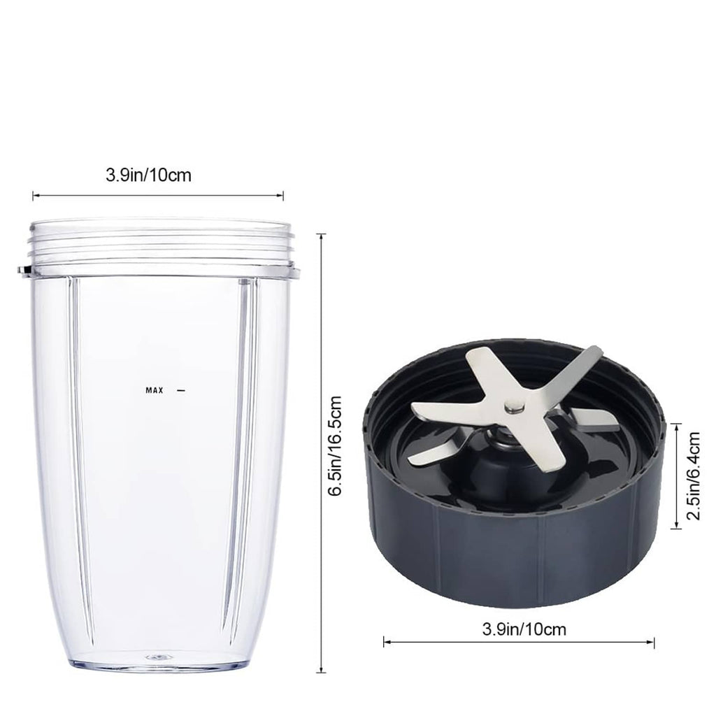 Dimension diagram of clear blender cup and black cross-blade base