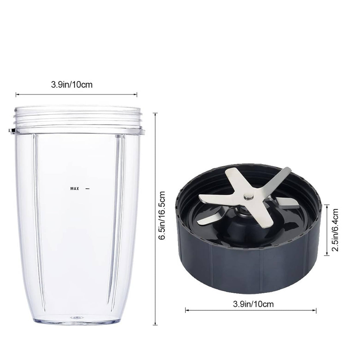 Dimension diagram of clear blender cup and black cross-blade base