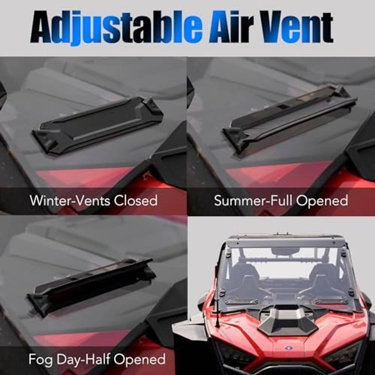 Adjustable air vent on full windshield with vent plate shown closed and fully open