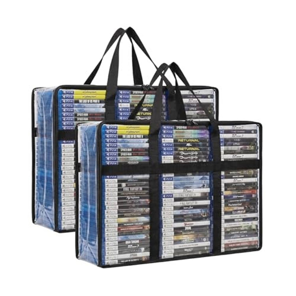 Clear plastic Blu-ray case holder bags with blue side panels and black handles, 2-pack