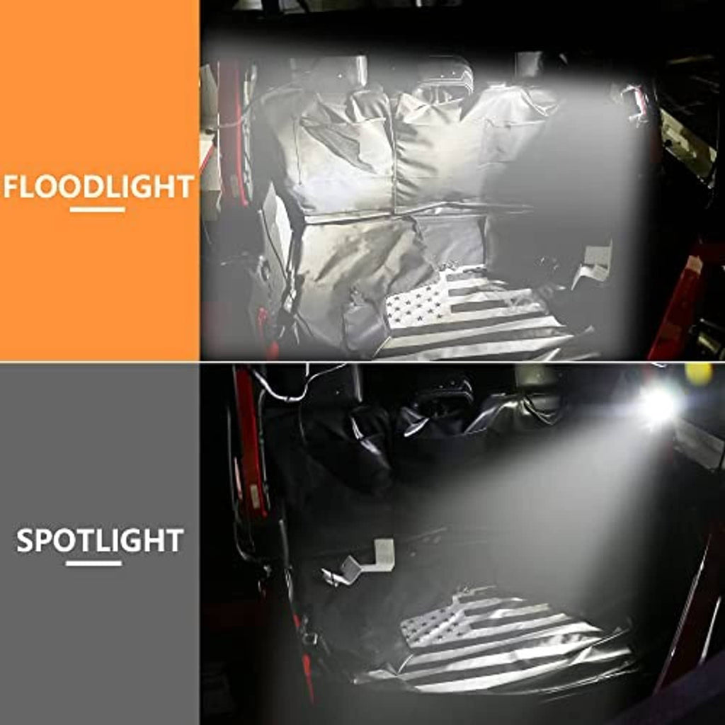 UTV dome lights casting bright white flood and spotlight onto vehicle interior