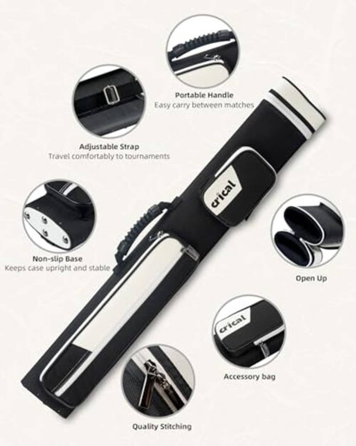 Black pool cue case with white stripe, portable handle, and adjustable shoulder strap