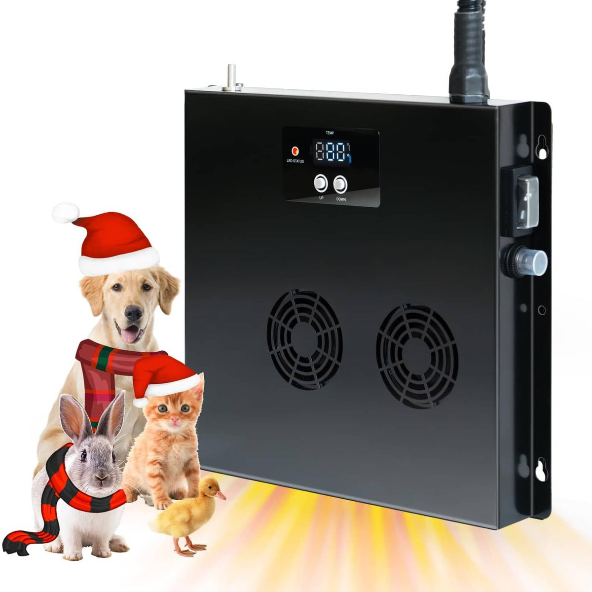 Black wall-mounted dog house heater with LED display and dual fan vents