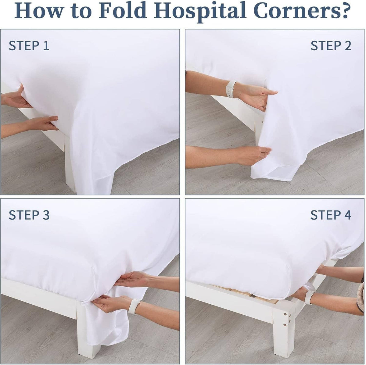 White flat sheet showing folded hospital corners while hands adjust the fabric