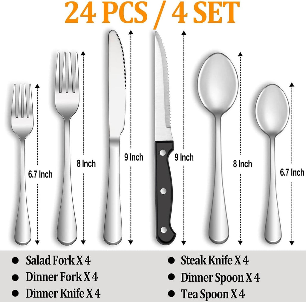 24-piece silverware set showing salad fork, dinner fork, steak knife, and spoons