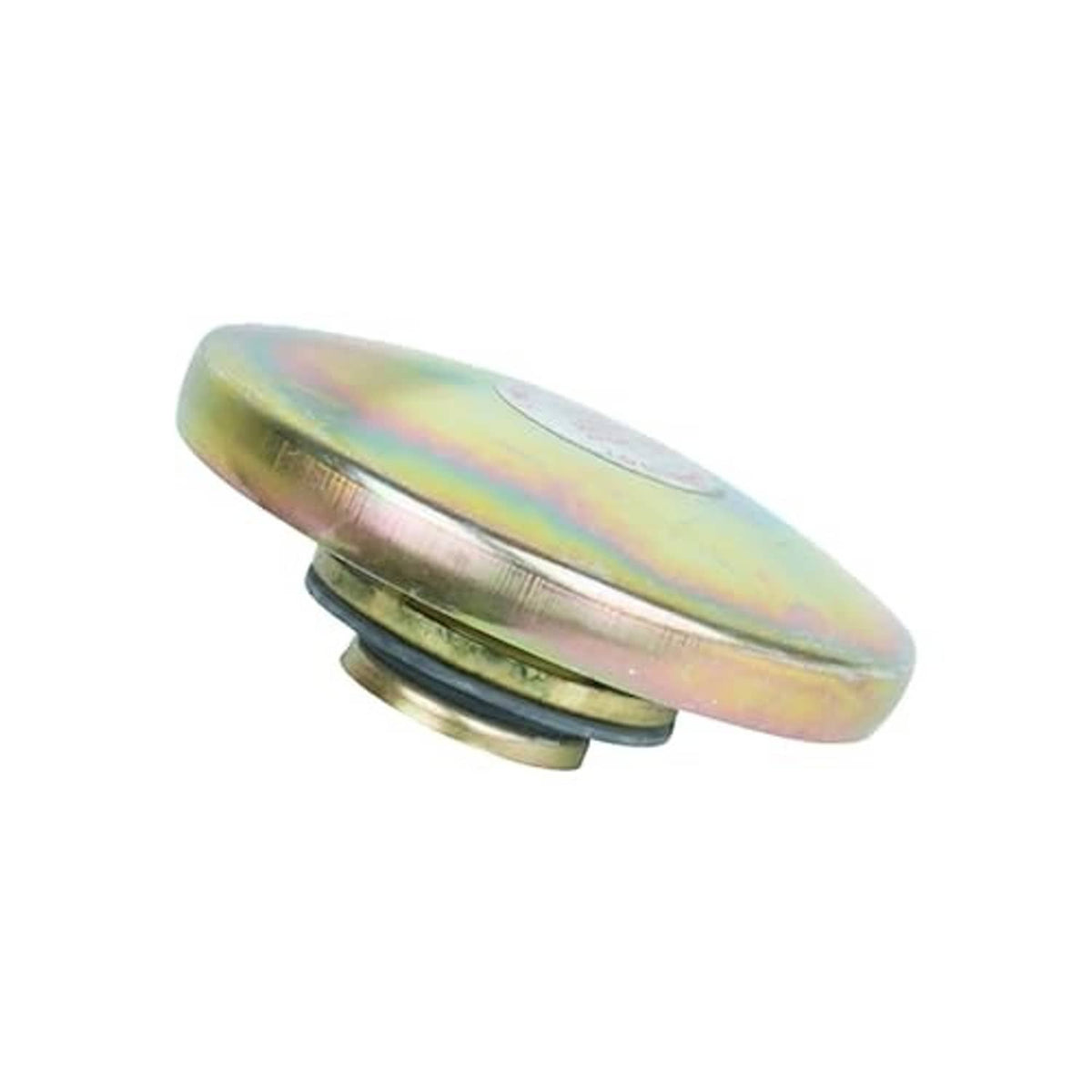 Metal vent cap with rainbow iridescent top and black rubber gasket