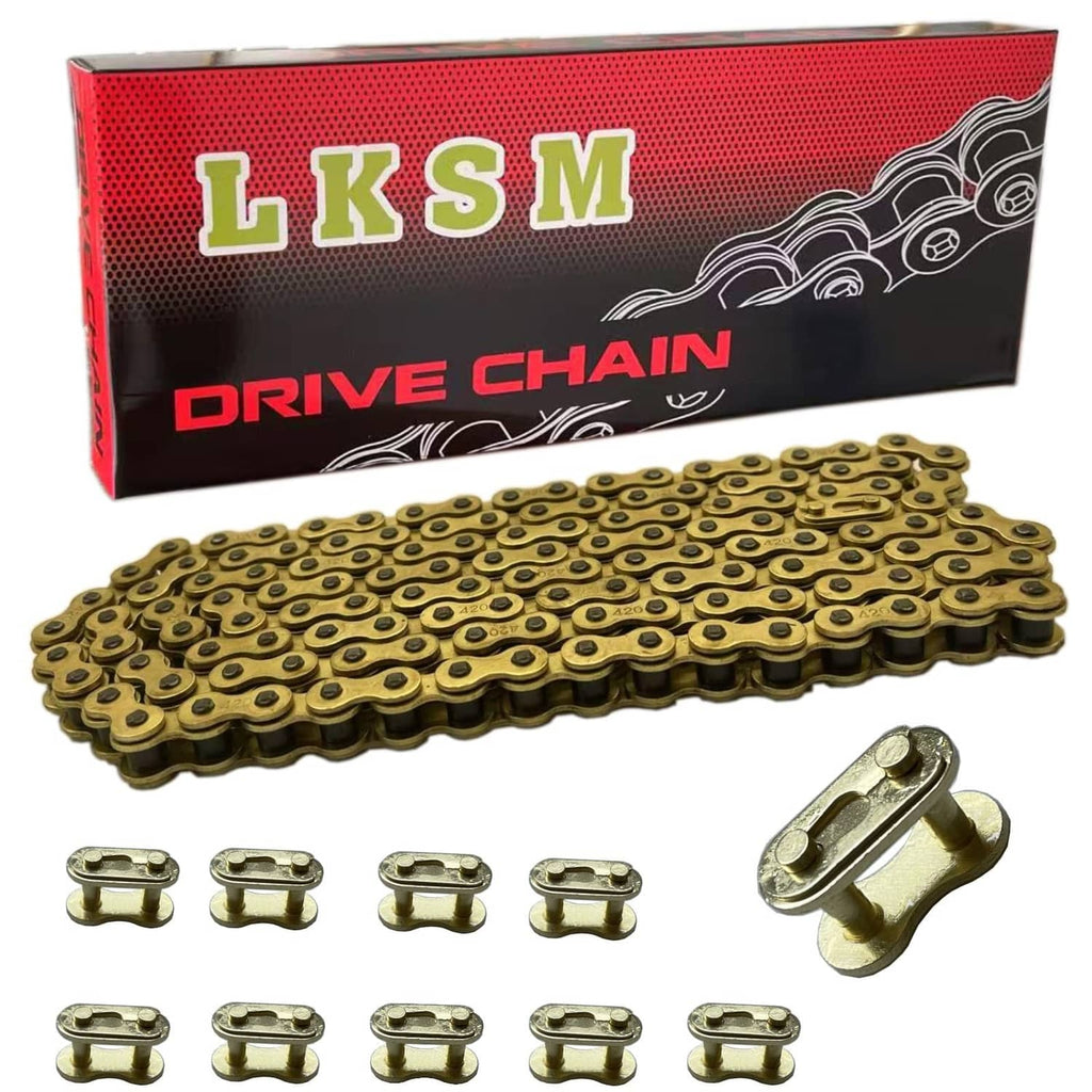 Gold motorcycle drive chain with 132 links and included master link connectors