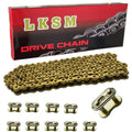 Gold motorcycle drive chain with 132 links and included master link connectors