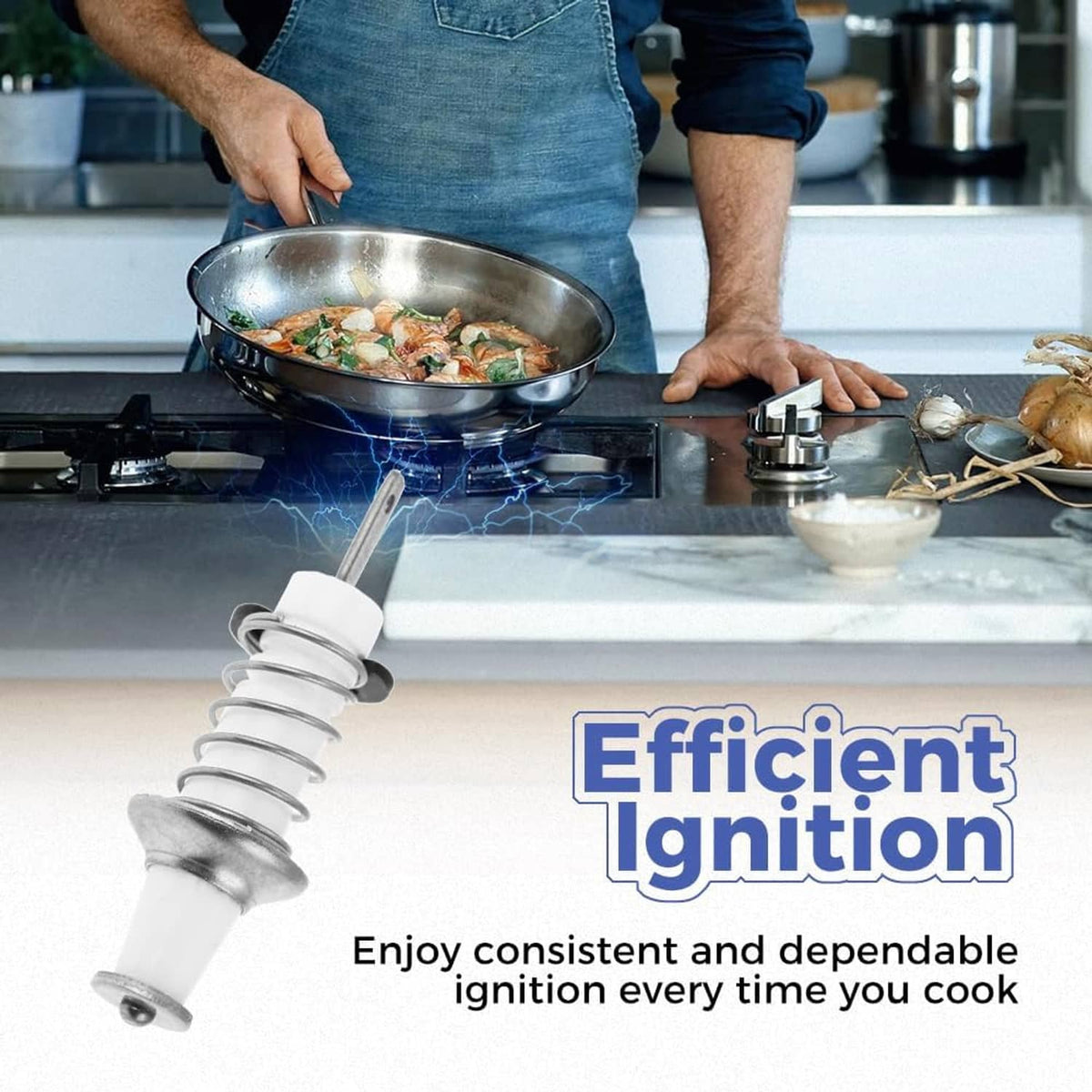 Gas range igniter electrode near cooktop burner, ceramic insulator with coiled spring