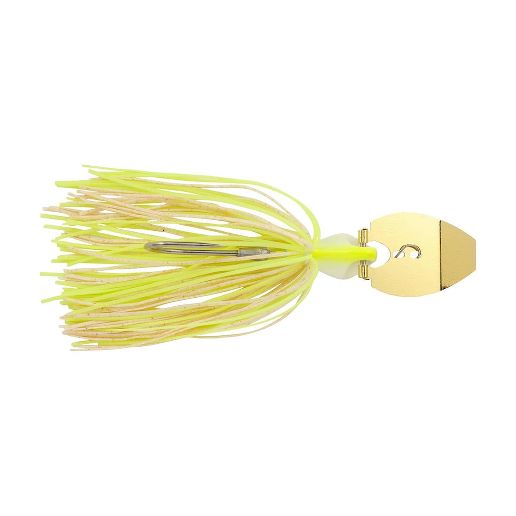 Chartreuse and white bladed jig with spinner blade and long silicone skirt