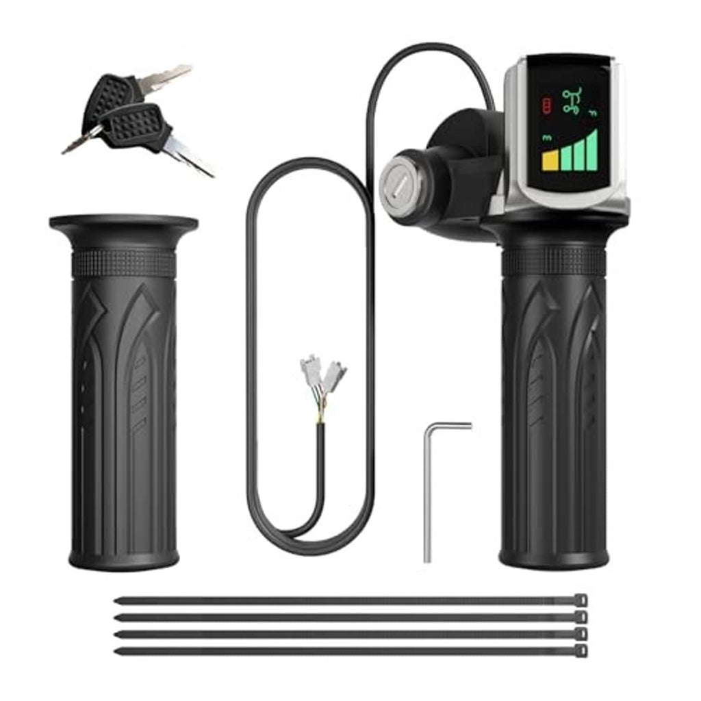 Black half-twist e-bike throttle with LED display, key lock, and mounting components