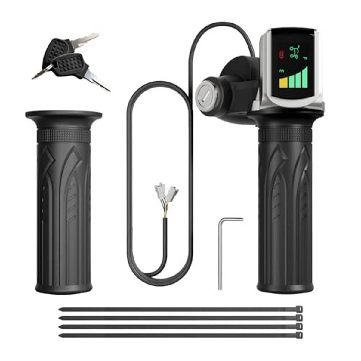 Black half-twist e-bike throttle with LED display, key lock, and mounting components