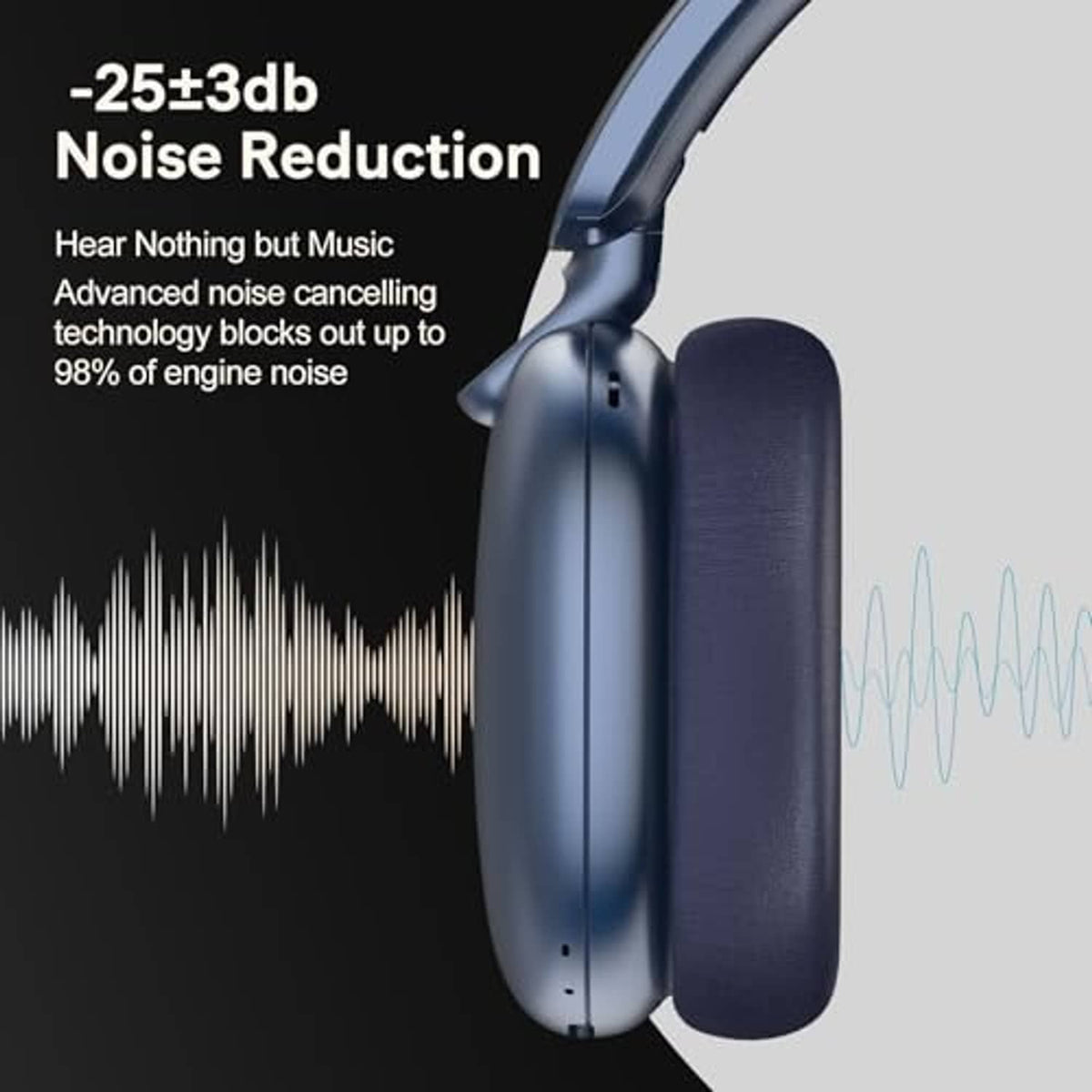 Blue over-ear headphones with noise reduction ear cup profile
