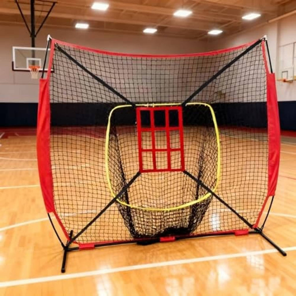 Strike zone target net with red and black frame and yellow netting in indoor gym