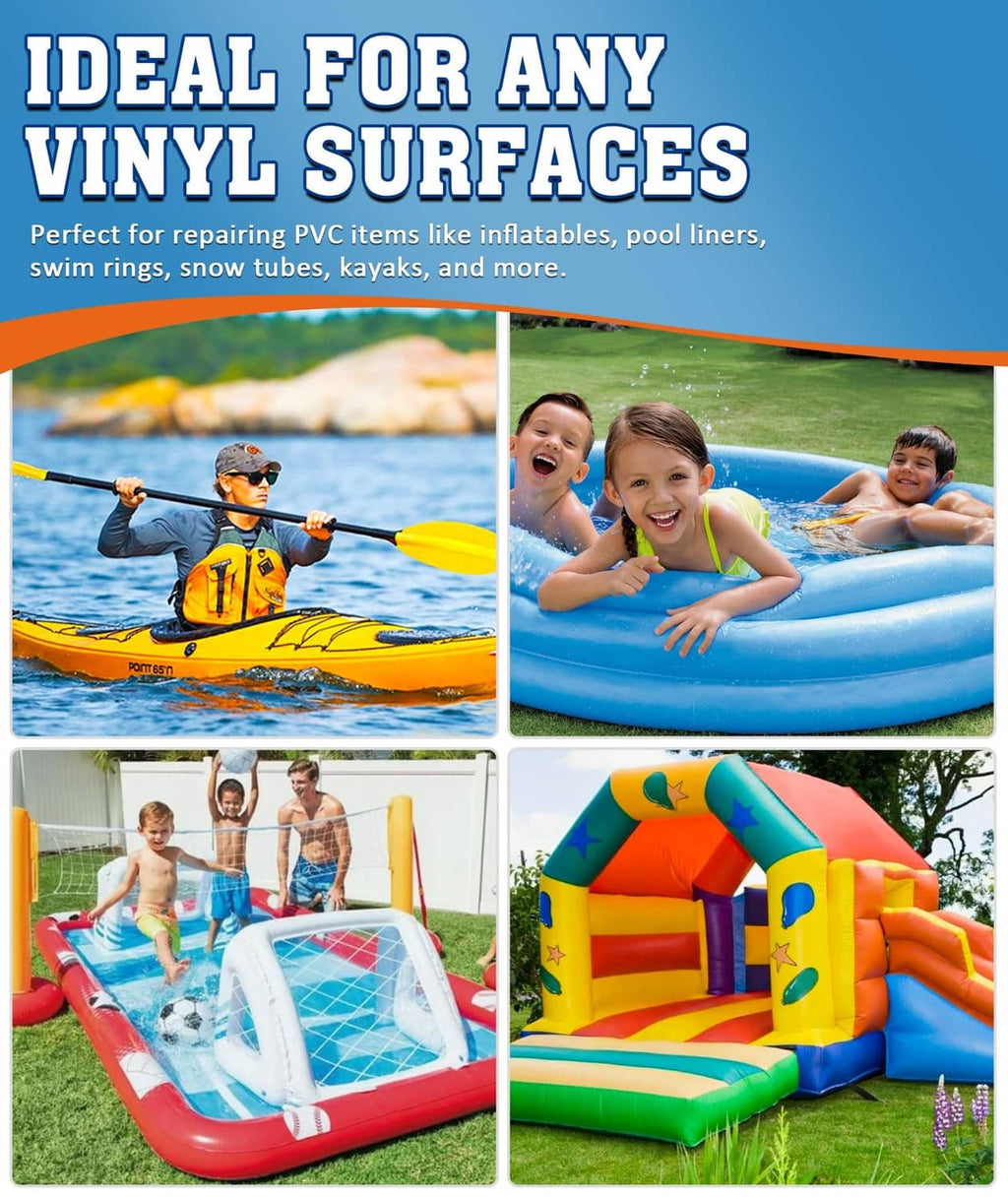 PVC vinyl repair kit with glue bottle shown for inflatables and pool liner damage