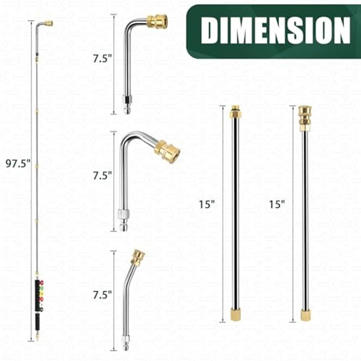 Pressure washer extension wand kit with several metal tubes and brass connectors (dimensions)