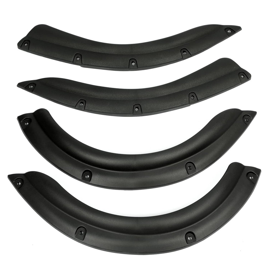 Set of four black golf cart fender flares with pre-drilled screw holes and curved profile