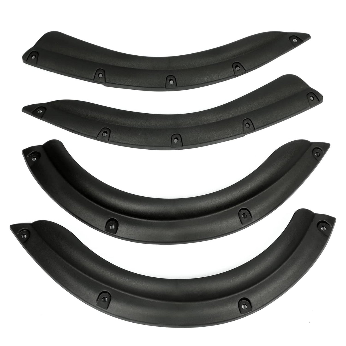 Set of four black golf cart fender flares with pre-drilled screw holes and curved profile