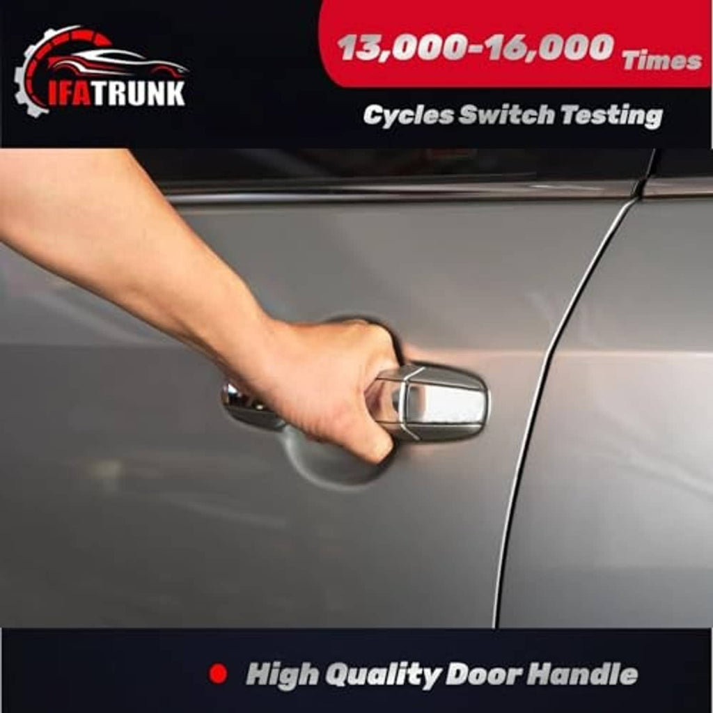 Rear exterior door handle on car, hand gripping the black lever